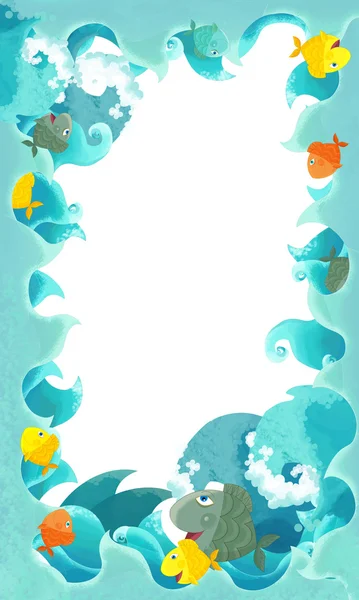 Καλλιτεχνική γελοιογραφία πλαίσιο κύματα με ψάρια — Φωτογραφία Αρχείου