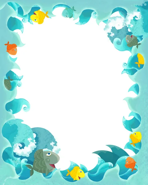 Artistieke cartoon frame golven met vissen — Stockfoto
