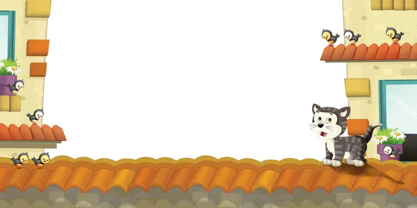 Cadre de dessin animé artistique avec chat sur un toit — Photo