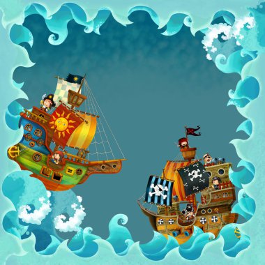 korsan gemisi ile sanatsal karikatür çerçevesini dalgalar