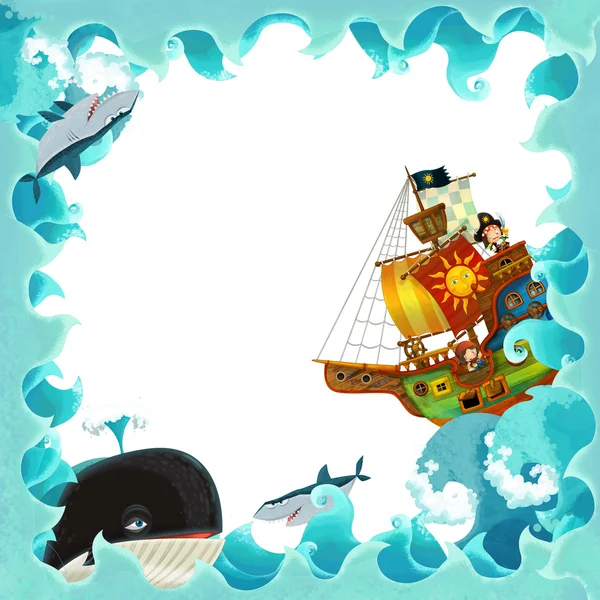 Onde artistiche cornice cartone animato con nave pirata — Foto Stock