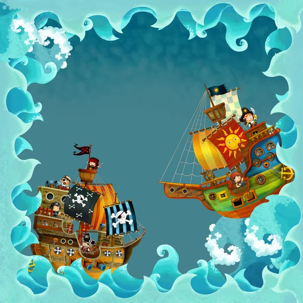 Desenhos animados artísticos moldura ondas com navio pirata — Fotografia de Stock