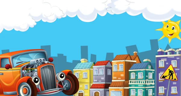Мультфильм город взгляд с hotrod — стоковое фото