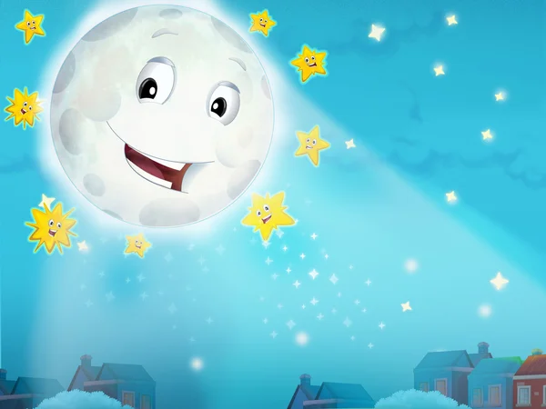 Luna sonriente de dibujos animados por la noche con las estrellas — Foto de Stock