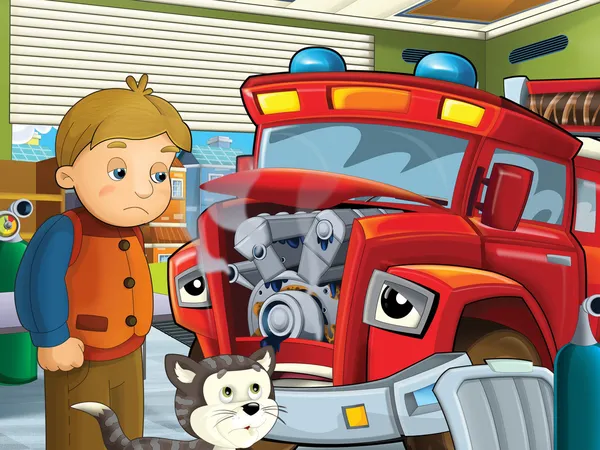 The red fire truck is sick and waiting with his friends for the car doctor — Stock Photo, Image