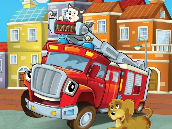 The red firetruck hero with his animal friends are happy — Stock Photo, Image