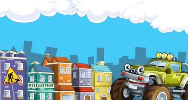 Cartoon city look with terrain car — Stock Photo, Image