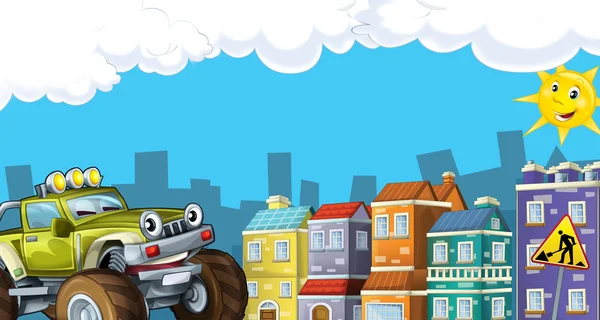 Cartoon city look with terrain car — Stock Photo, Image