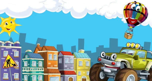 Ciudad de dibujos animados mirada con coche de terreno — Foto de Stock