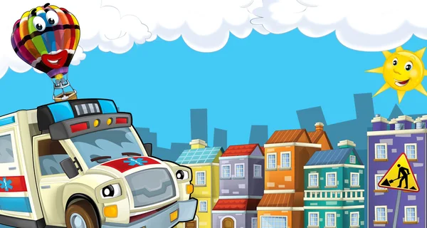 Cidade dos desenhos animados olhar com ambulância — Fotografia de Stock