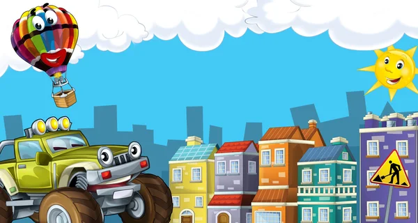 Cartoon city look with terrain car — Stock Photo, Image