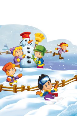 çocuklar için çizgi film kar mücadele - kardan adam yapma - illüstrasyon