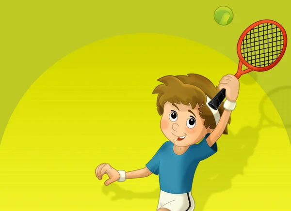 Kid spelar tennis - hoppning med tennisracket - OS — Stockfoto