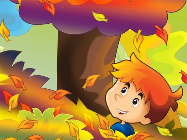 Cartoon kids playing autumn fun — Stock Photo, Image