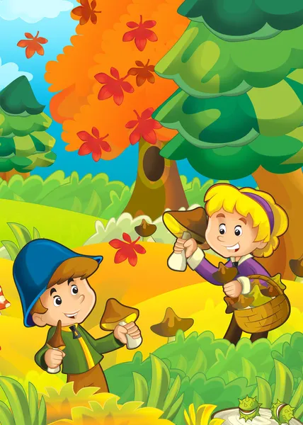 The trip to the wood - mushrooming - sightseeing - campfire - illustration for the children — Stock Photo, Image