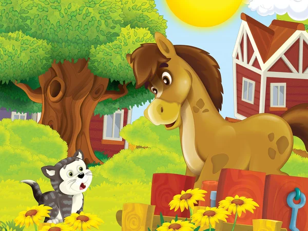 The farm illustration for kids - many different elements - meeting of two friends - horse and cat chatting