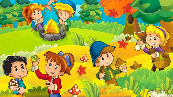 Il viaggio nel bosco - funghi - visite turistiche - falò - illustrazione per i bambini — Foto Stock