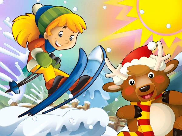 The cartoon child downhill jump - with christmas characters — Stock Photo, Image