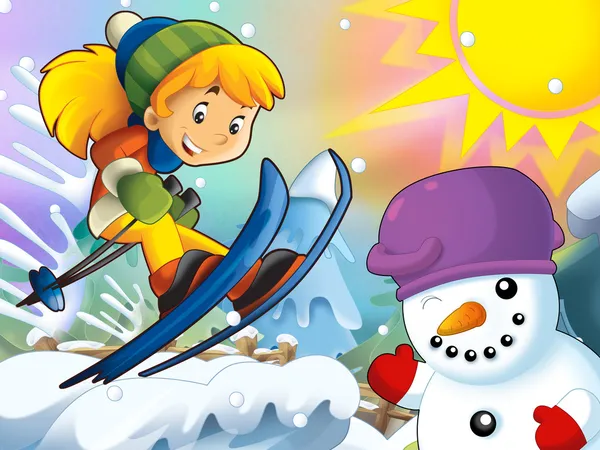 Le dessin animé enfant saut en descente - avec des personnages de Noël — Photo