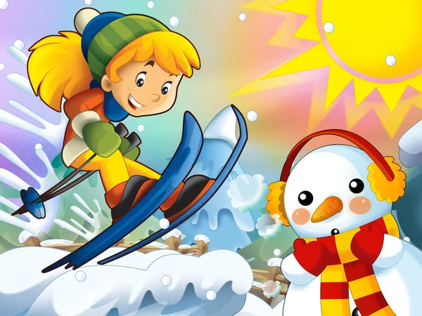 The cartoon child downhill jump - with christmas characters — Stock Photo, Image