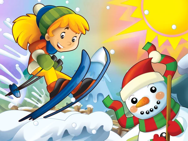 The cartoon child downhill jump - with christmas characters — Stock Photo, Image