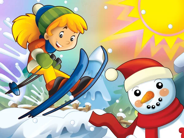 The cartoon child downhill jump - with christmas characters — Stock Photo, Image