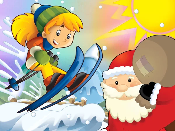 The cartoon child downhill jump - with christmas characters — Stock Photo, Image