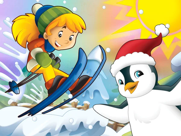 Карикатурный детский спуск по склону - с рождественскими персонажами — стоковое фото