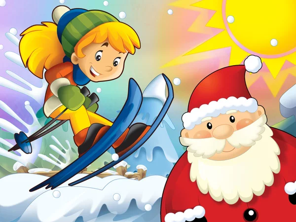 The cartoon child downhill jump - with christmas characters — Stock Photo, Image