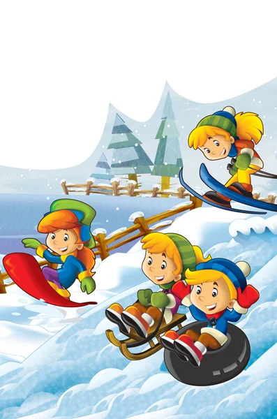 La lucha de nieve de dibujos animados - hacer un muñeco de nieve - ilustración para los niños —  Fotos de Stock