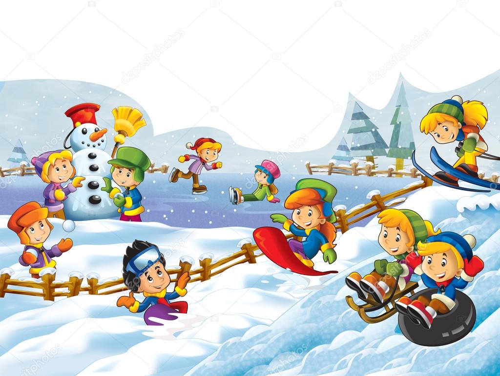 The cartoon snow fight - making a snowman - illustration for the children