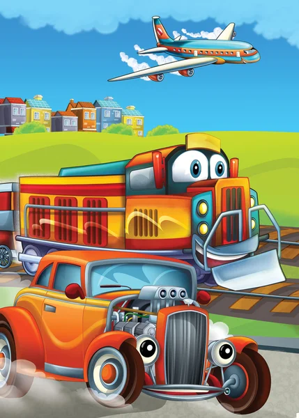 La locomotora, el coche y la máquina voladora - ilustración para los niños — Foto de Stock