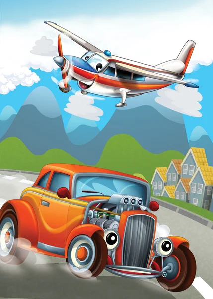 De auto en de vliegmachine - illustratie voor de kinderen — Stockfoto