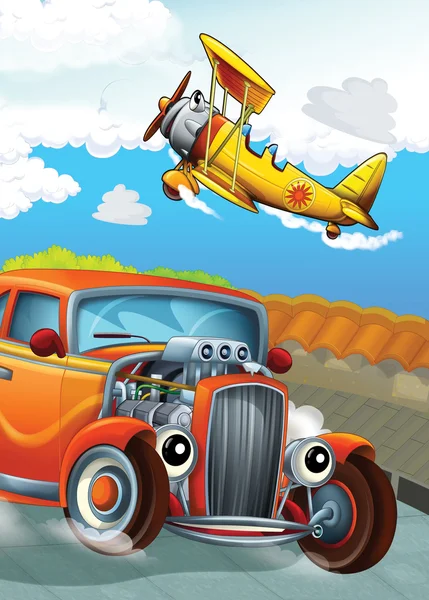 The car and the flying machine - illustration for the children — Stock Photo, Image