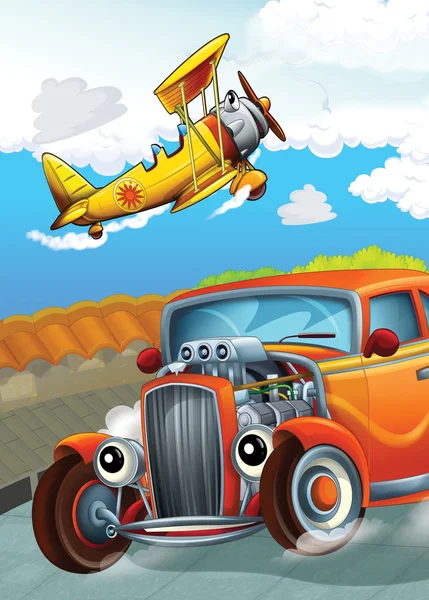 The car and the flying machine - illustration for the children — Stock Photo, Image