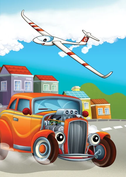 O carro e a máquina voadora - ilustração das crianças — Fotografia de Stock