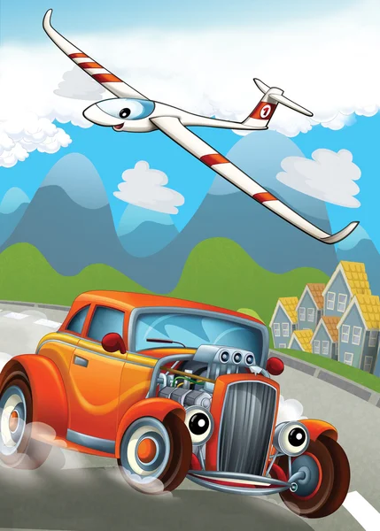 The car and the flying machine - illustration for the children — Stock Photo, Image