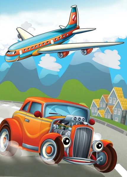 The car and the flying machine - illustration for the children — Stock Photo, Image