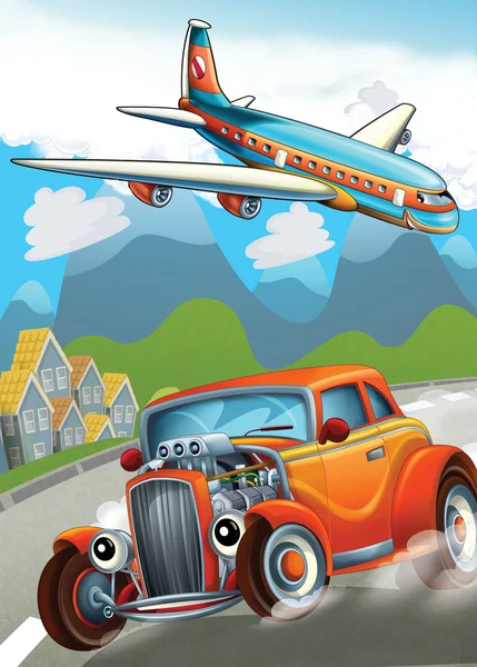 The car and the flying machine - illustration for the children — Stock Photo, Image