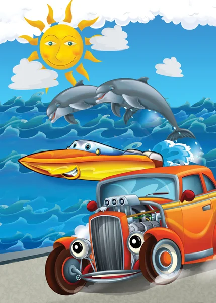 Bil och simning dubbelbetalning - illustration för barn — Stockfoto