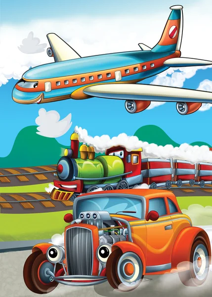 Η ατμομηχανή, αυτοκίνητο και ιπτάμενη μηχανή - εικονογράφηση για τα παιδιά — Φωτογραφία Αρχείου