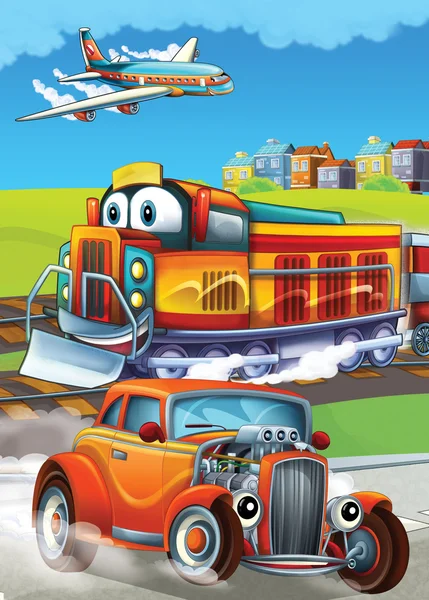 The locomotive, car and the flying machine - illustration for the children — Stock Photo, Image