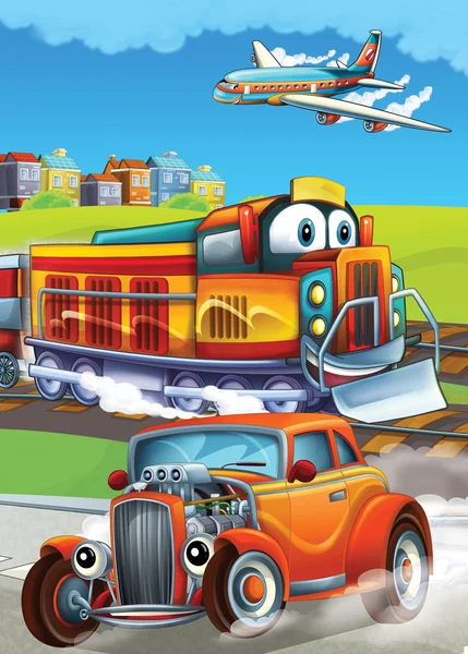 Lokomotywa, samochód i samolot - ilustracja dla dzieci — Zdjęcie stockowe
