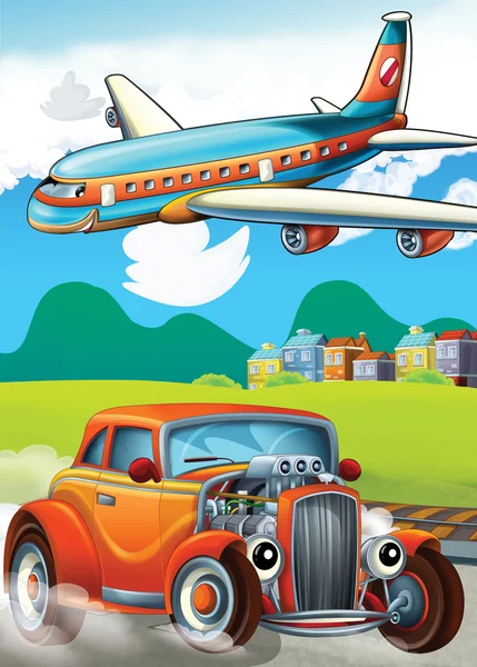 De auto en de vliegmachine - illustratie voor de kinderen — Stockfoto