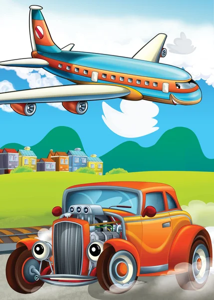 O carro e a máquina voadora - ilustração das crianças — Fotografia de Stock