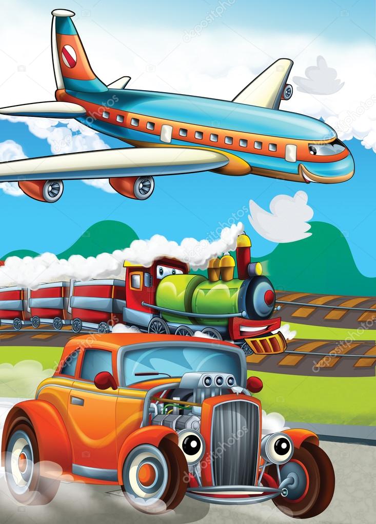 The locomotive, car and the flying machine - illustration for the children