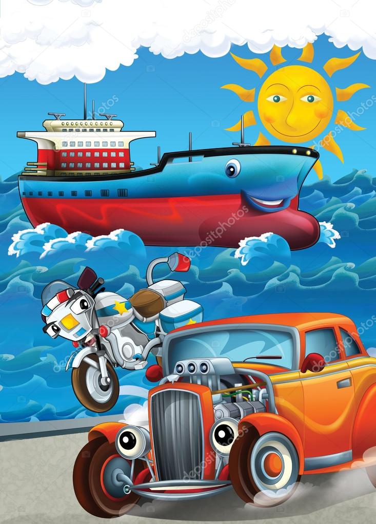 Car, bike and swimming mashines - Illustration for children
