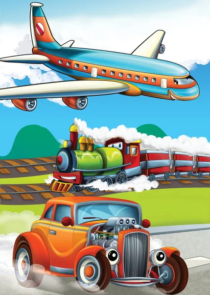 The locomotive, car and the flying machine - illustration for the children — Stock Photo, Image