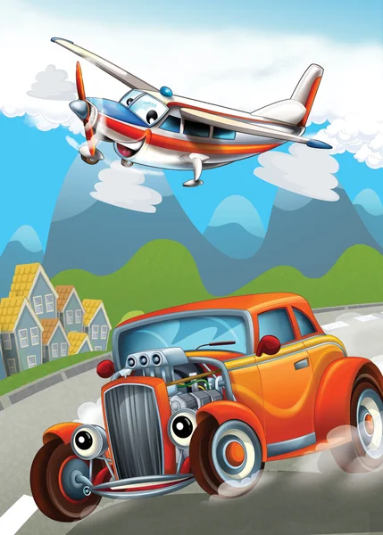 The car and the flying machine - illustration for the children — Stock Photo, Image