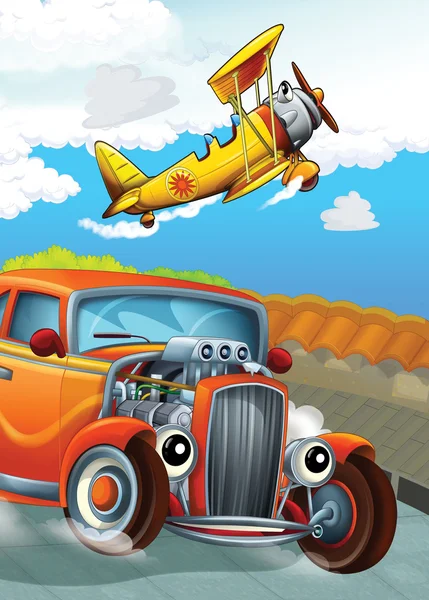 The car and the flying machine - illustration for the children — Stock Photo, Image